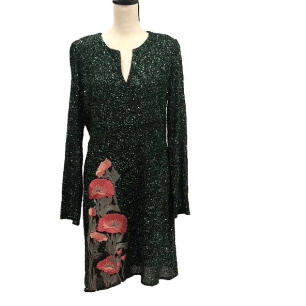 NWT Anthropologie Varun Bahl Calliope Emerald Green Sequined Dress Sz 10